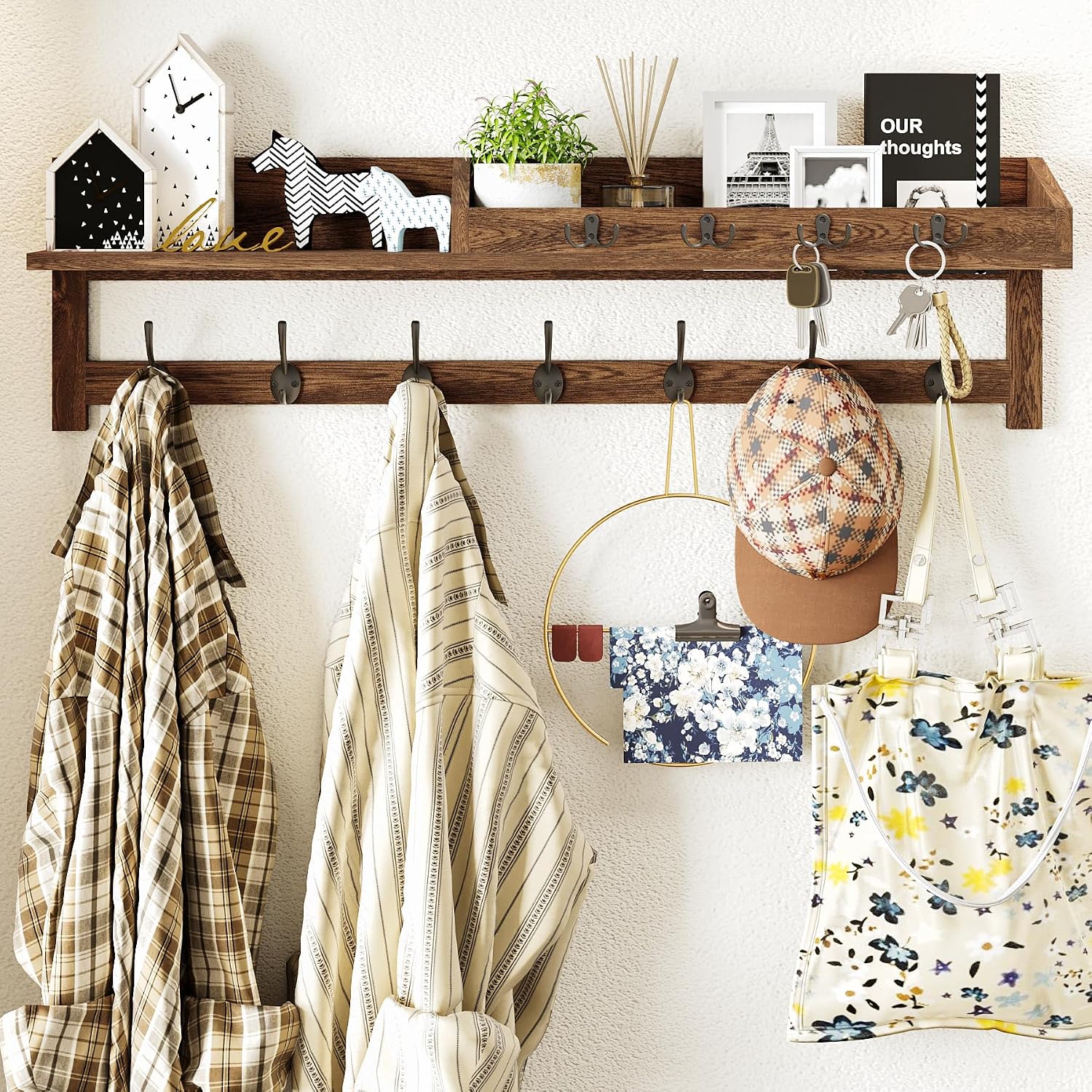4. Display Seasonal Coats and Bags on a Solid Wood Wall Rack with Display Shelf