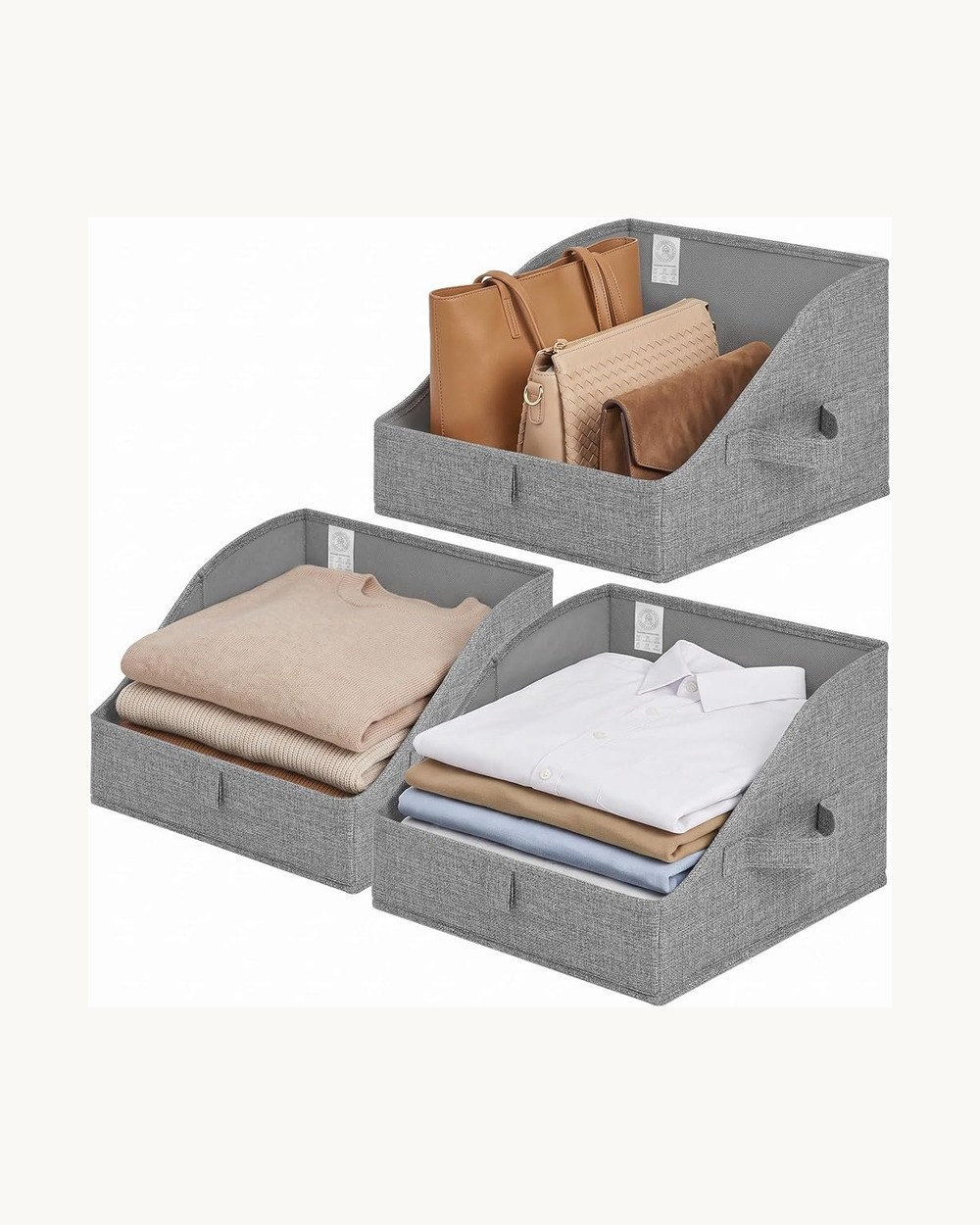 3. Conceal Bulky Folded Sweaters on High Shelves with Trapezoid Fabric Bins
