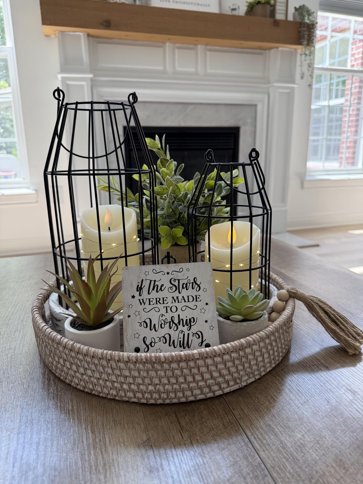 6. Corral Coffee Table Knick-Knacks on an Organic Natural Wood & Rattan Tray