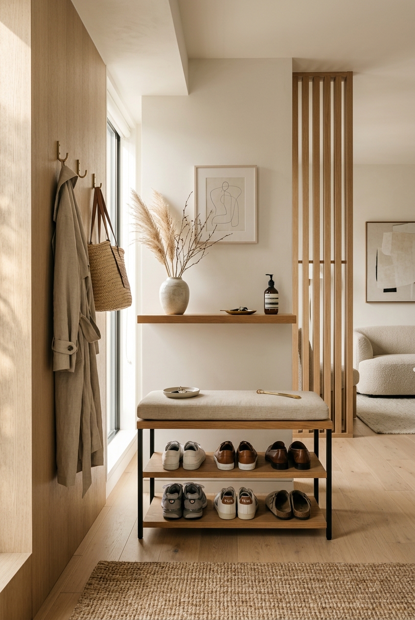 1. Create a Comfortable Shoe-Removal Zone with a 3-Tier Bamboo Storage Bench
