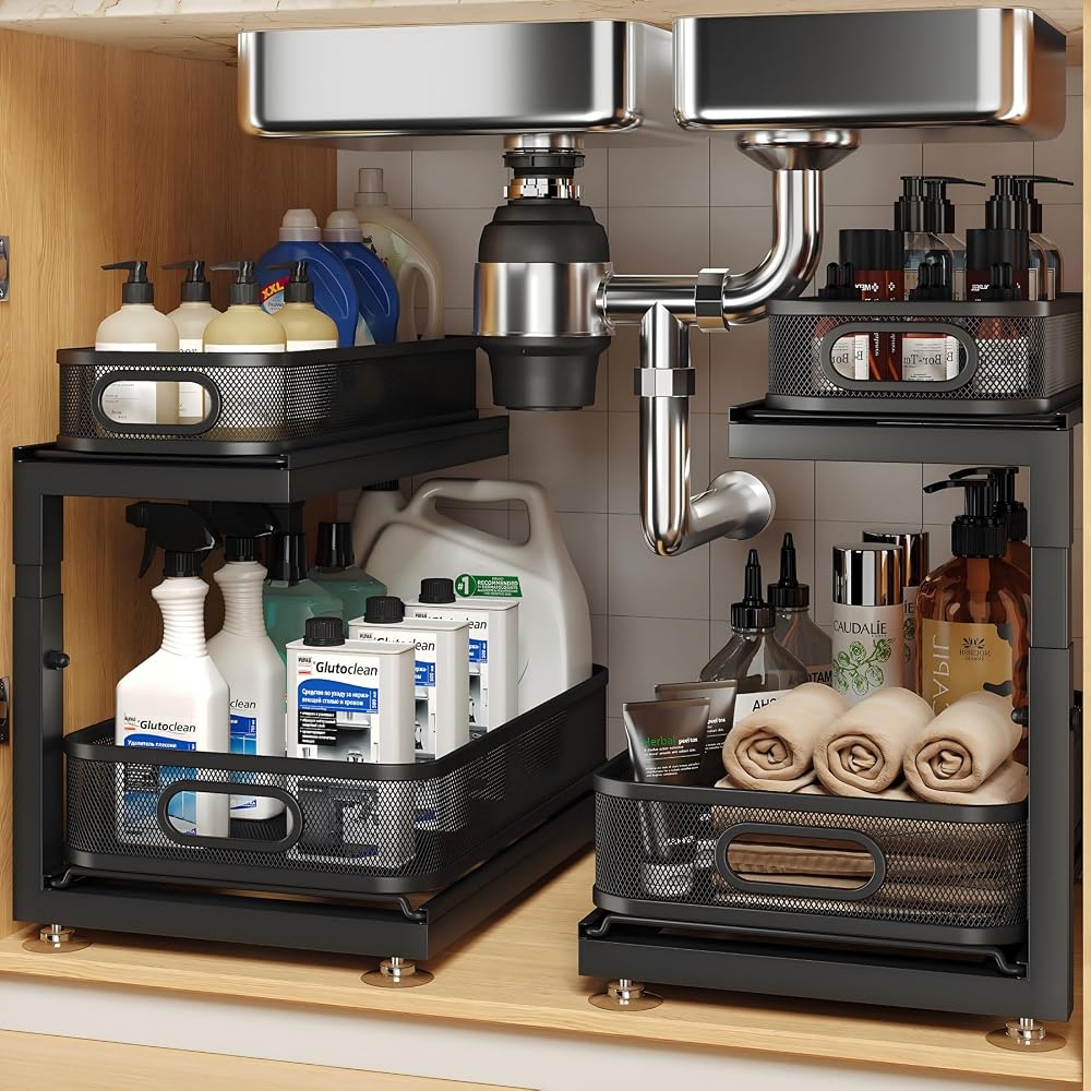 9. Fit Cleaning Essentials Around Pipes with a 2-Tier Under-Sink Organizer