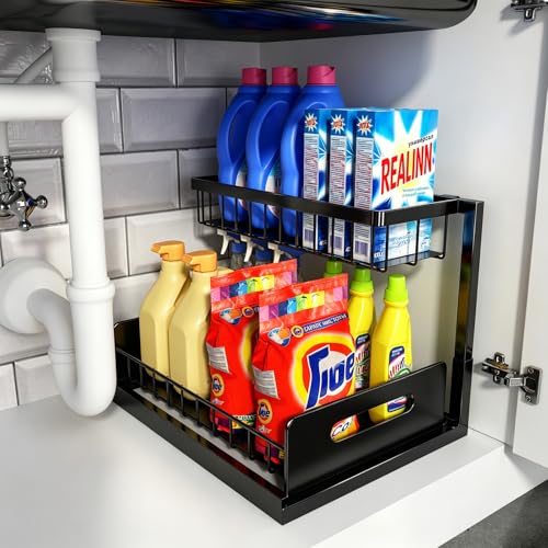 10. Navigate Plumbing Traps Effortlessly with a 2-Tier Sliding Under-Sink Basket