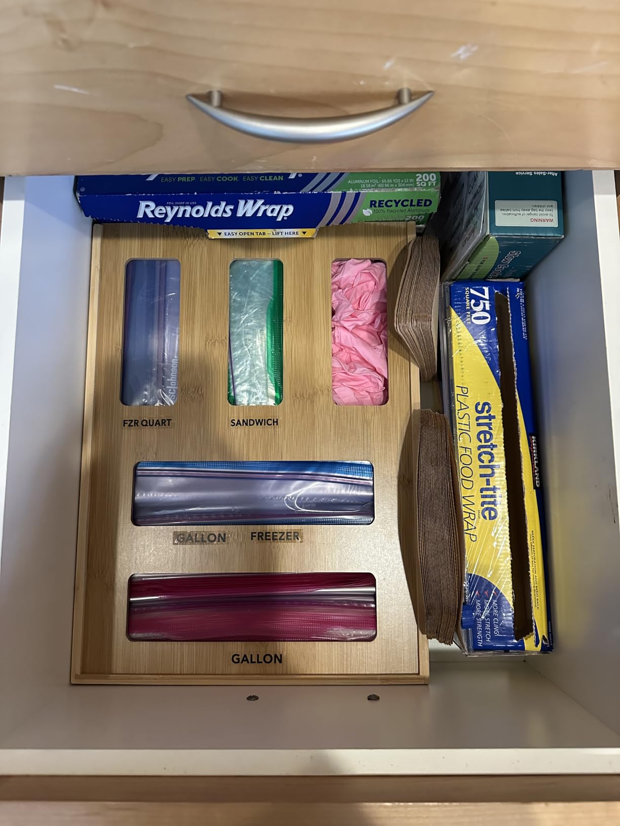 6. Tame Loose Ziploc Boxes in Kitchen Drawers with a Natural Bamboo Bag Organizer