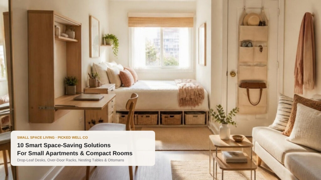 Cozy small apartment styled with space-saving furniture: fold-down desk, nesting tables, over-door organizer