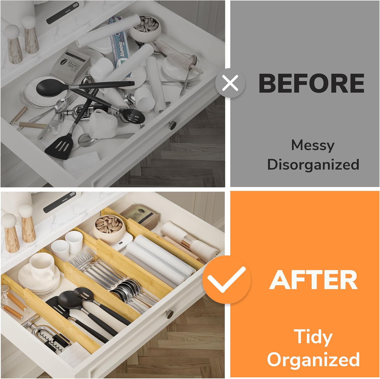 8. Compartmentalize Produce Crispers with Tension-Fit Natural Bamboo Dividers