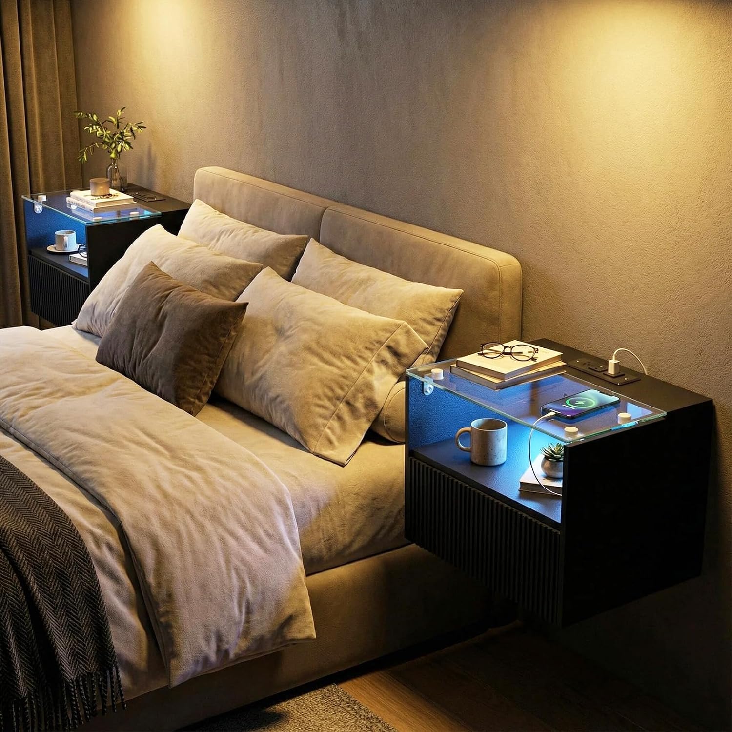 9. Free Up Floor & Surface Space with a Wall-Mounted Floating Nightstand with Built-In Charging