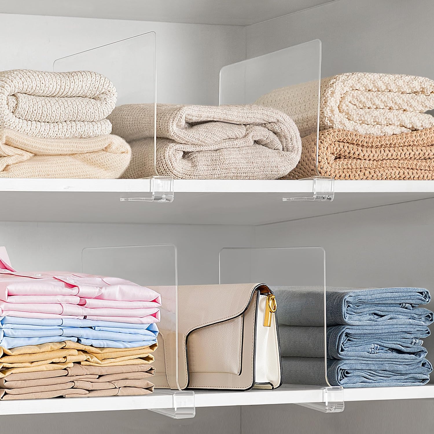 acrylic shelf dividers keeping folded clothes upright