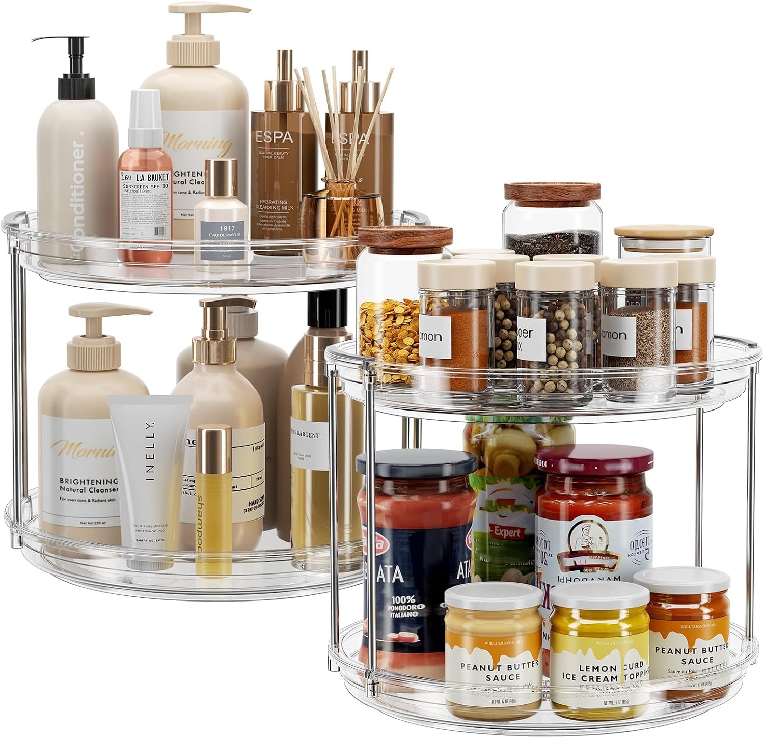 two-tier lazy susan turntable with spices and bottles