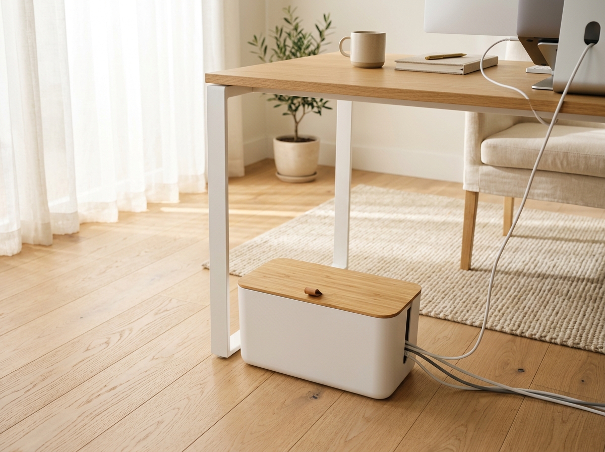 1. Hide Unsightly Surge Protectors Inside a Sleek Wood-Lid Cable Management Box