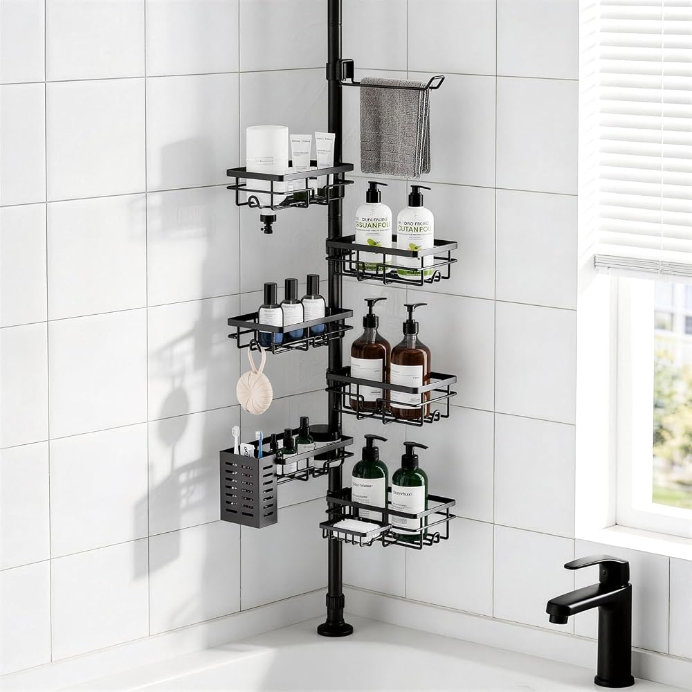 10. Maximize Shower Corner Storage with a Rustproof Stainless Steel Tension Pole