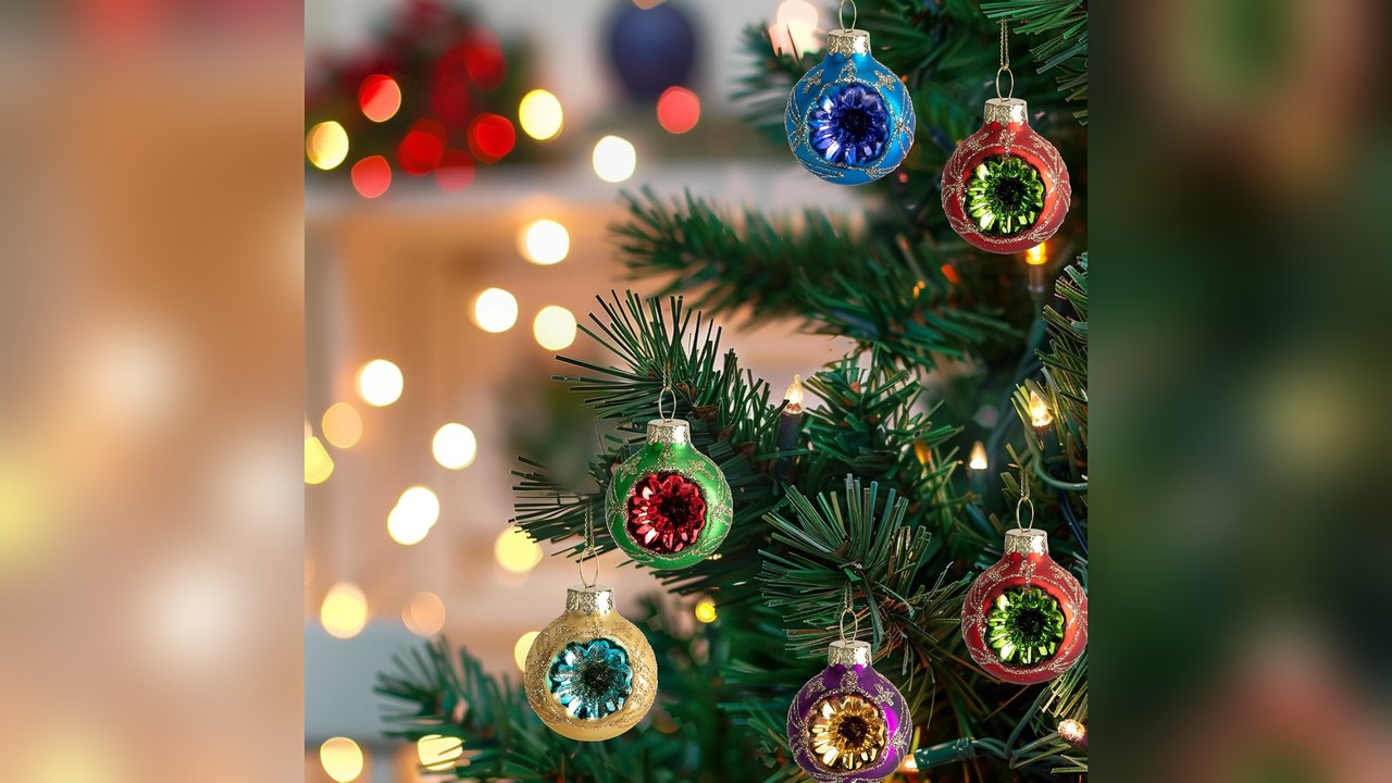 Retro glass reflector ball ornaments with indented centers on tree branches, 90s christmas tree