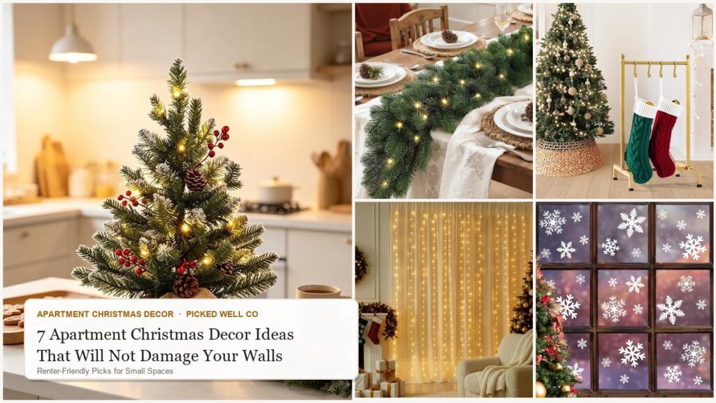 Apartment Christmas decor ideas collage with a garland, tabletop tree, curtain lights and stocking holder