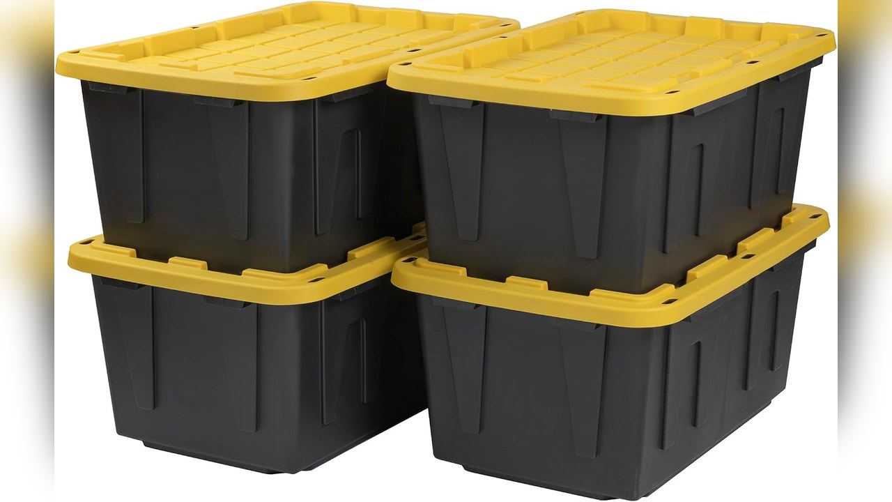 CX 27-gallon black and yellow stackable storage bins with lids stacked in a column