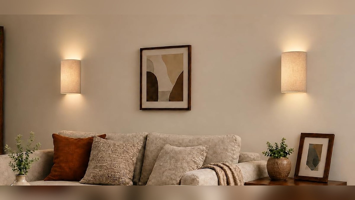 Pair of battery wall sconces with linen shades beside a sofa