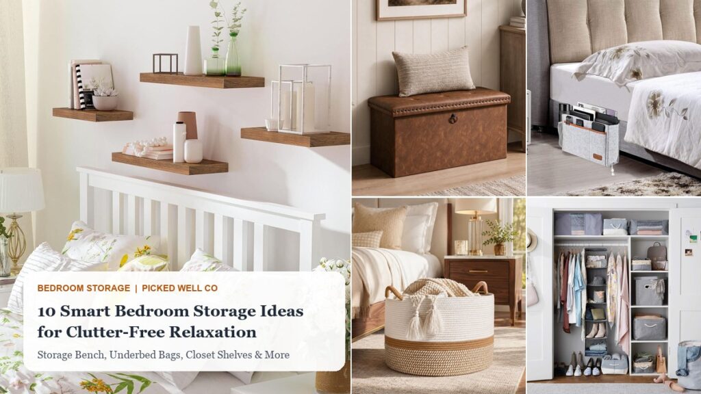 Bedroom storage ideas collage with floating shelves, storage bench, bedside caddy, blanket basket and closet organizer