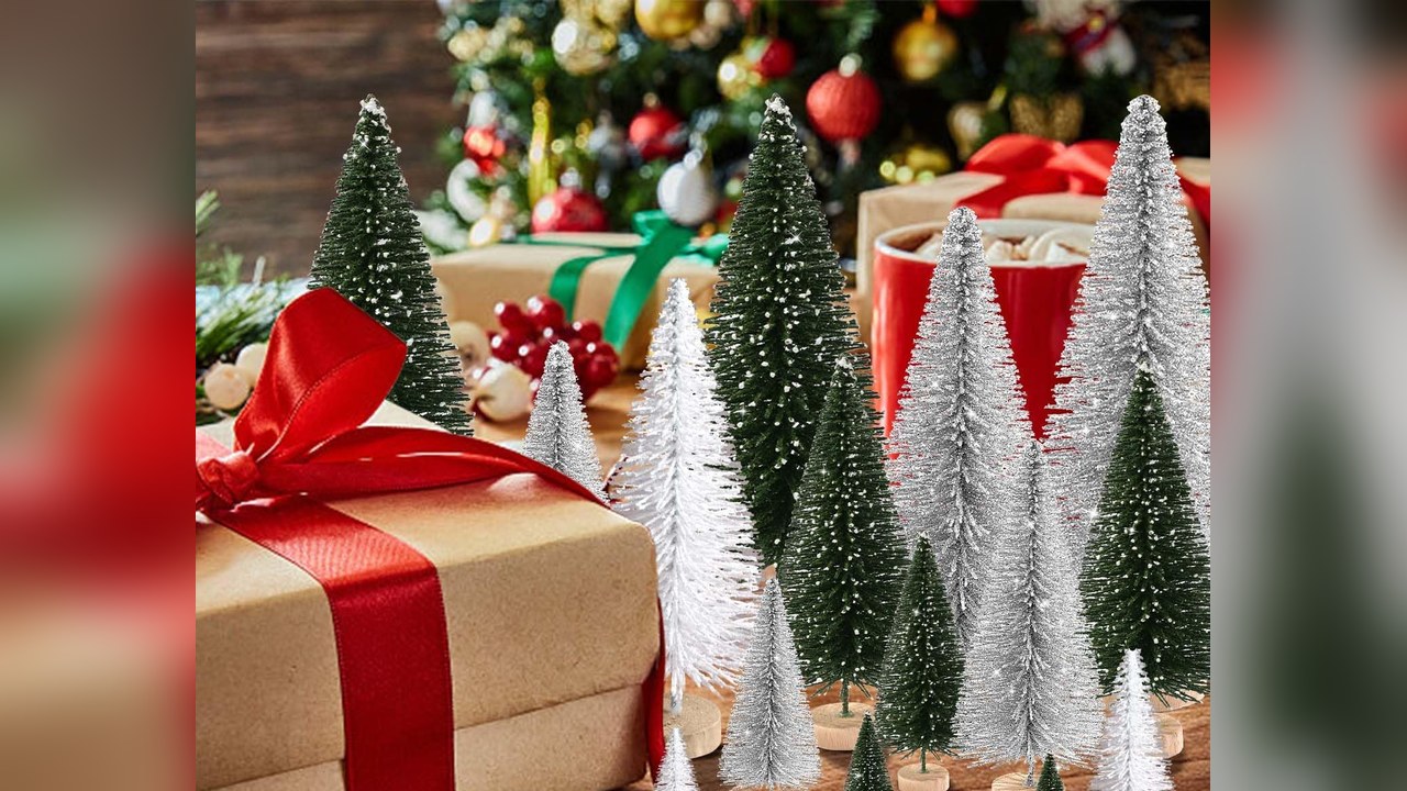 mini bottle brush Christmas trees on a table