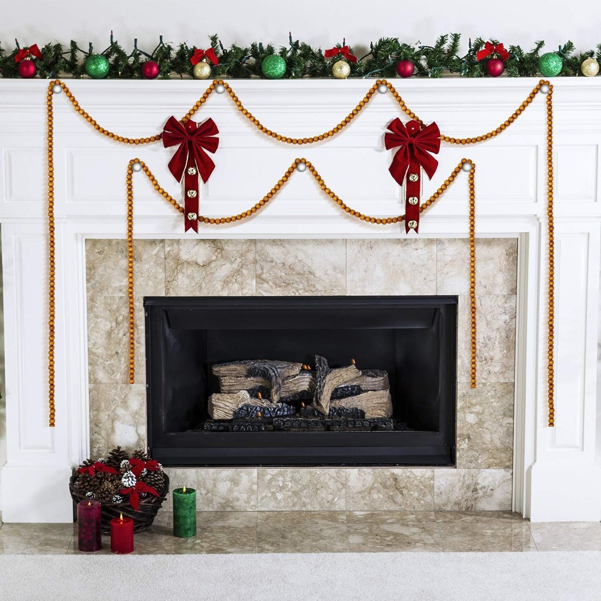 Brown wood bead garland draped on a Christmas tree
