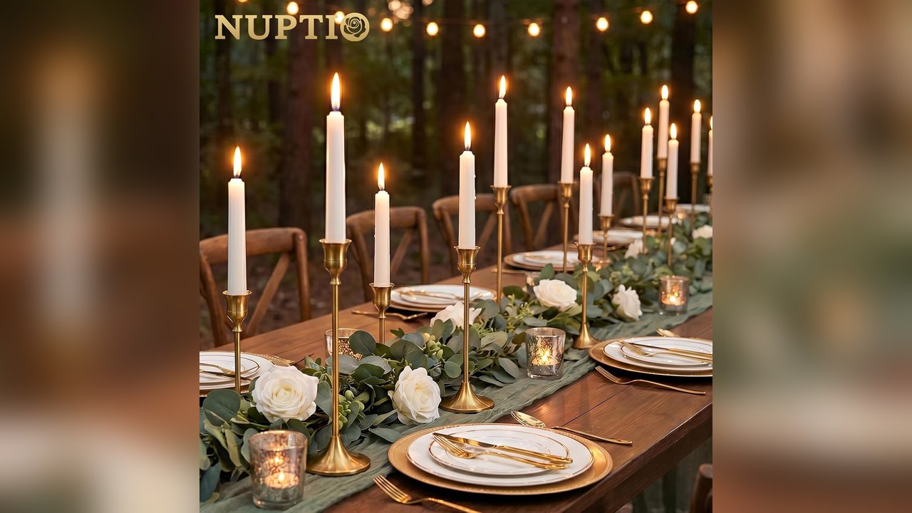 Gold taper candlesticks in three heights on a table