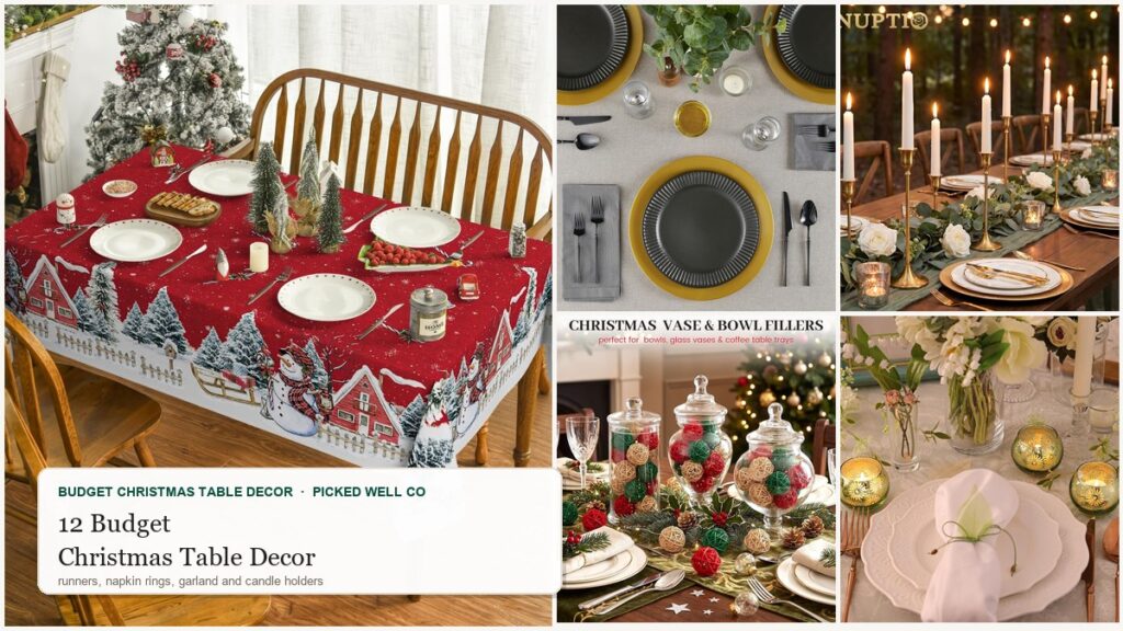 Collage of budget christmas table decor ideas: tablecloth, gold chargers, candlesticks, rattan fillers and votives