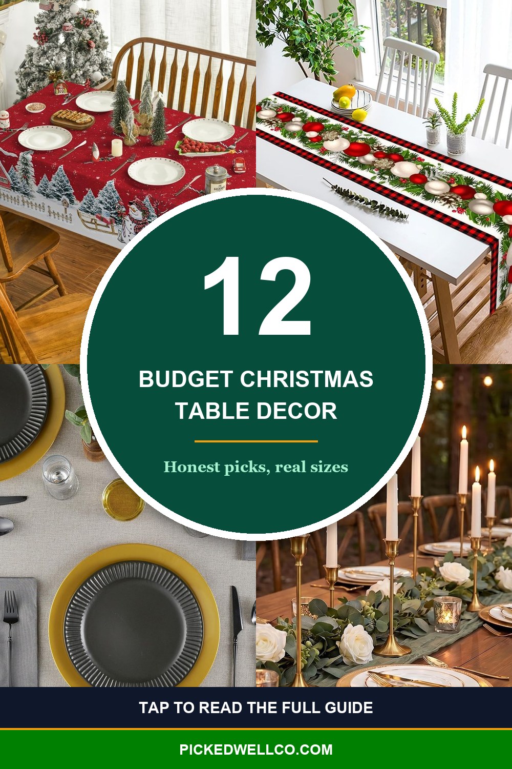 12 budget christmas table decor ideas pin showing a festive tablecloth, buffalo check runner, gold chargers and gold candlesticks