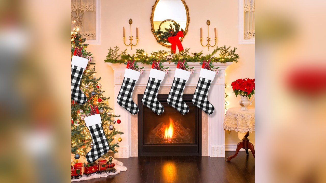 black and white buffalo plaid Christmas stockings