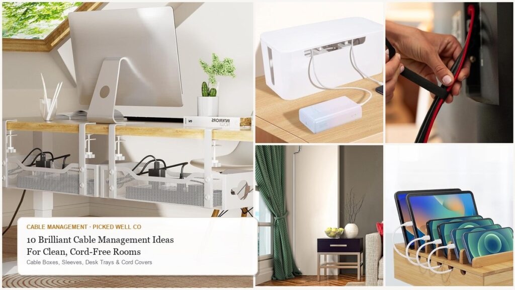 Cable management solutions collage with under-desk tray, cable box, cable ties, corner cord hider and charging station