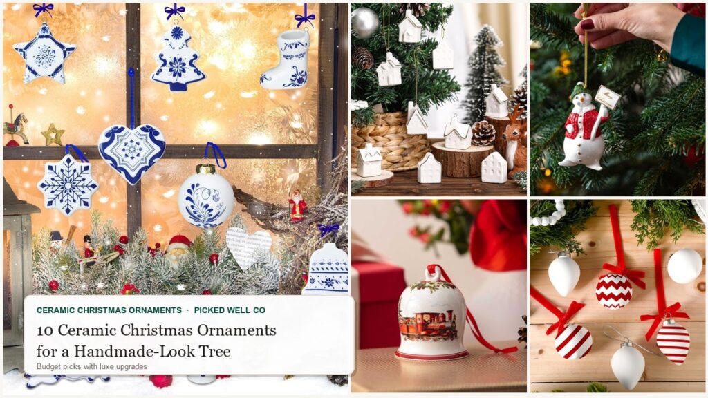 Collage of ceramic christmas ornaments: blue and white chinoiserie, white village houses, mini white ceramic trees and a porcelain snowman
