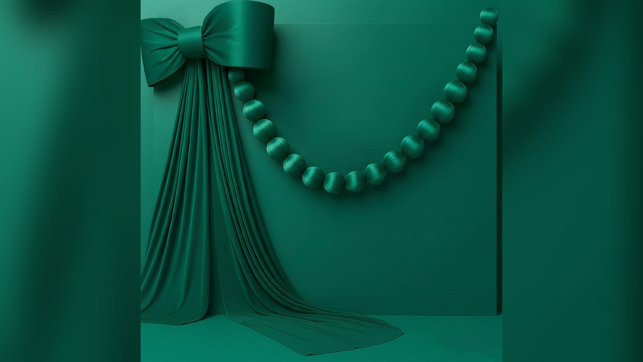 Green velvet ball garland draped in a swag from a big bow