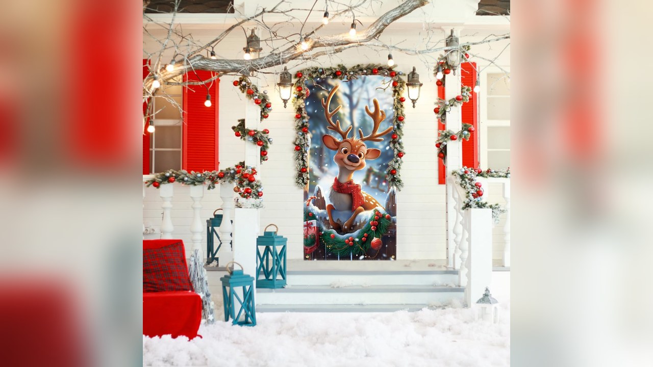 Reindeer Christmas door cover hung over a front door