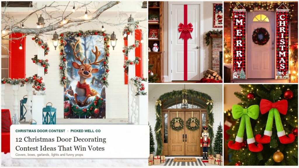 Collage of 12 christmas door decorating contest ideas: a reindeer door cover, giant red bow, Merry Christmas banners, door garland and elf legs