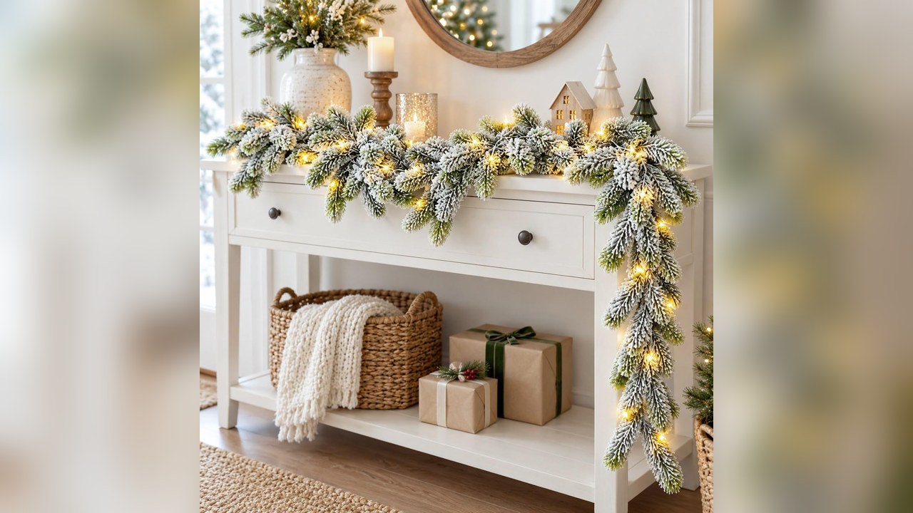 Flocked snowy Christmas garland with white tips on a console table