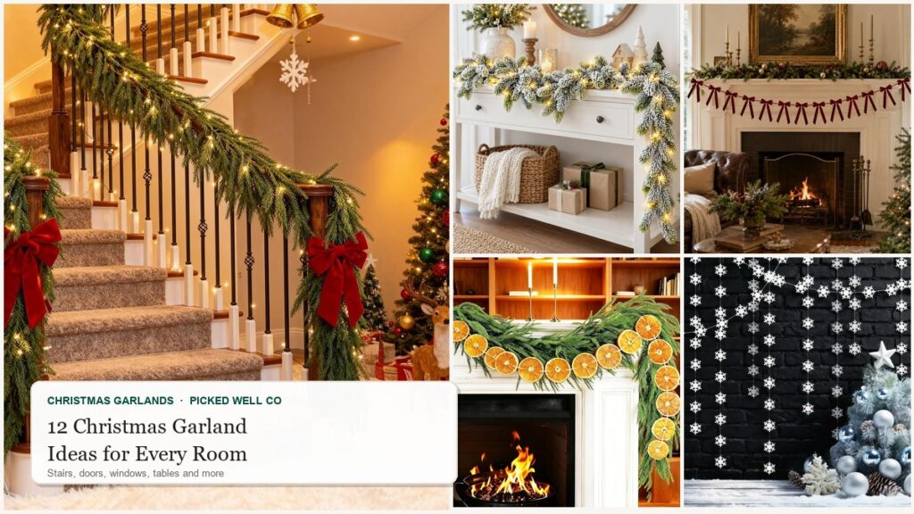 Collage of 12 christmas garland ideas: pre-lit stair garland, felt ball garland, berry garland and snowy flocked garland