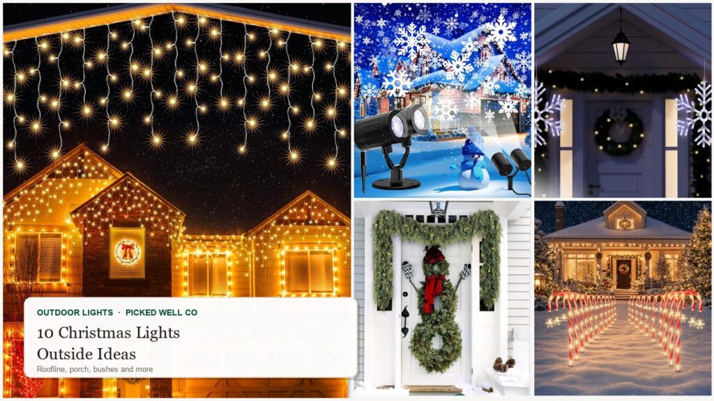 10 Christmas lights outside ideas collage: icicle lights, snowflake projector, wreath and candy cane pathway