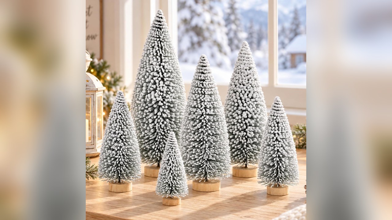 Snow flocked bottle brush trees on wooden bases lined up on a shelf