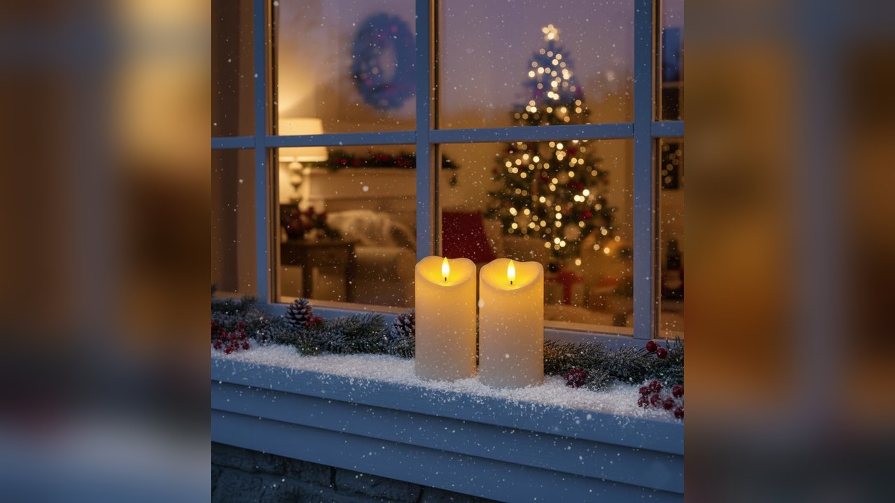 Flameless LED candles glowing in a window beside a lit Christmas tree
