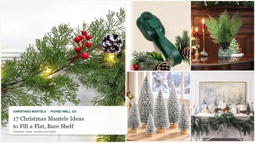 Collage of 17 christmas mantels ideas: pre-lit cedar garland, mini trees, a berry wreath, ornaments and candle decor on a holiday mantel