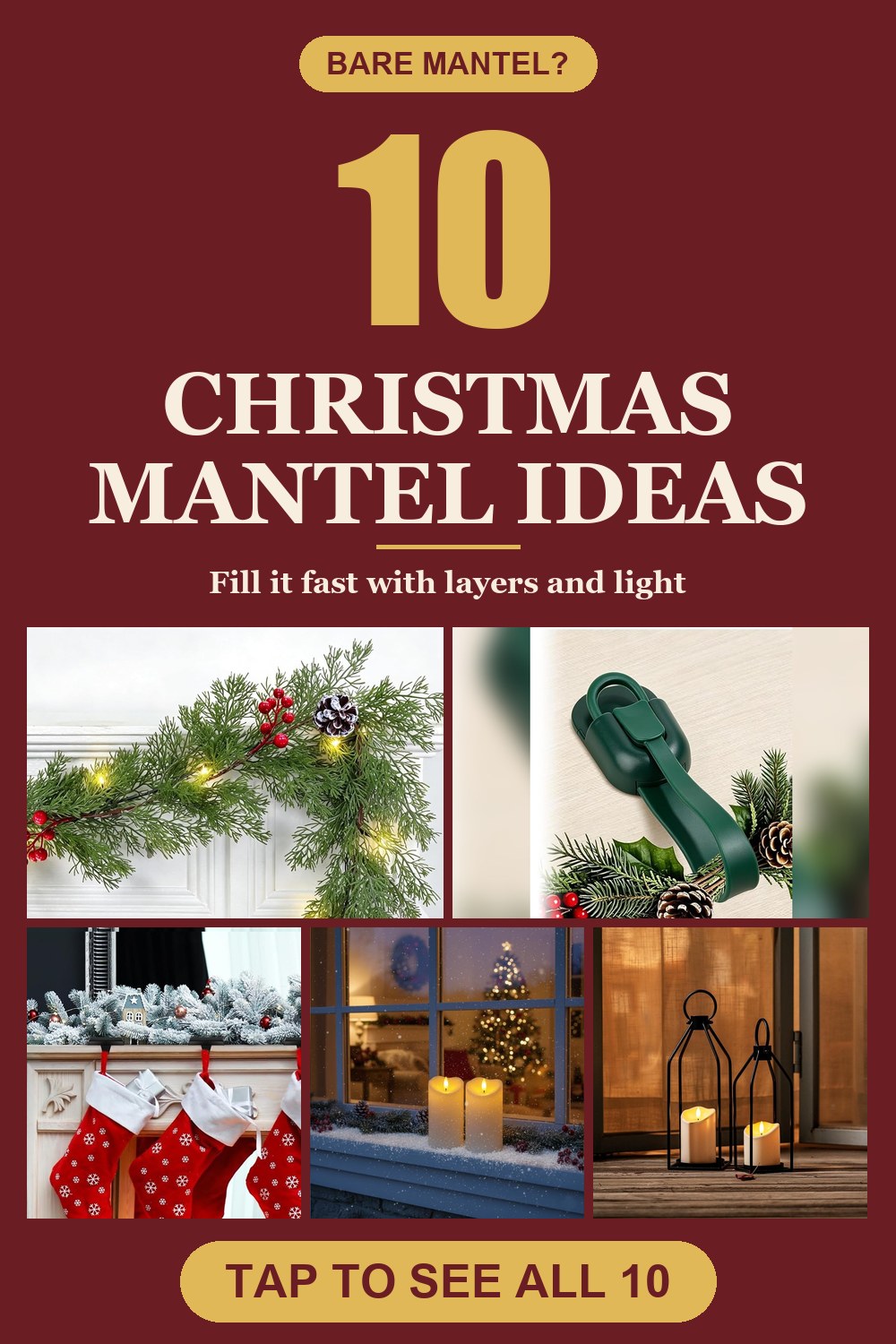 10 Christmas mantel ideas pin with 5 photos of products from the post