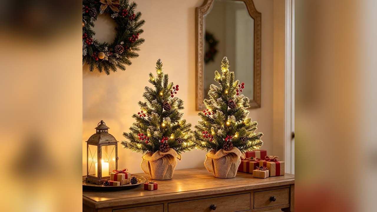 Pair of pre-lit mini Christmas trees in burlap pots on a console table