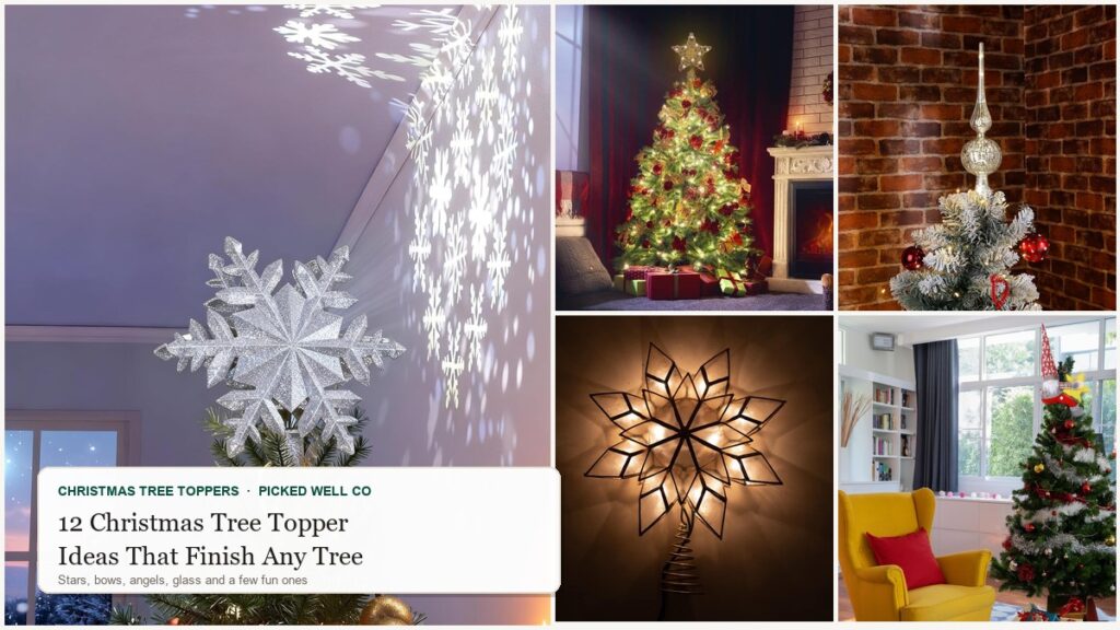 Collage of 12 christmas tree topper ideas: a lit projector star, rattan star, velvet bow, mercury glass topper and a gnome