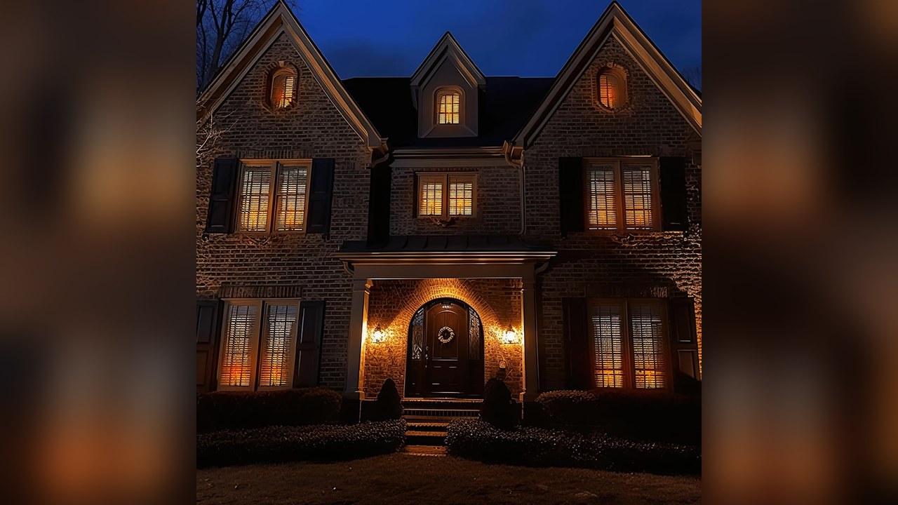 Flameless window candles glowing on a sill at night