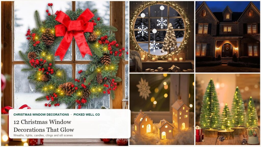 Collage of 12 christmas window decorations: window wreaths, lit stars, snowflake lights and candles