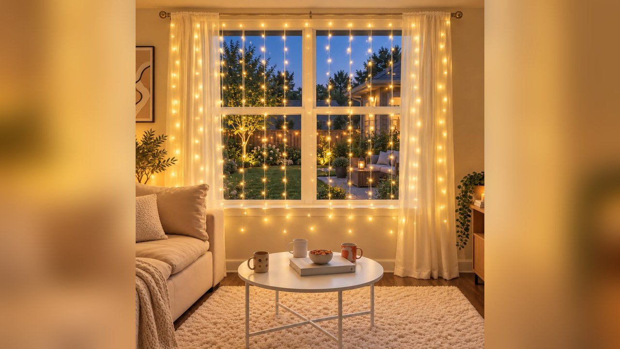 Warm white icicle curtain lights framing a large window
