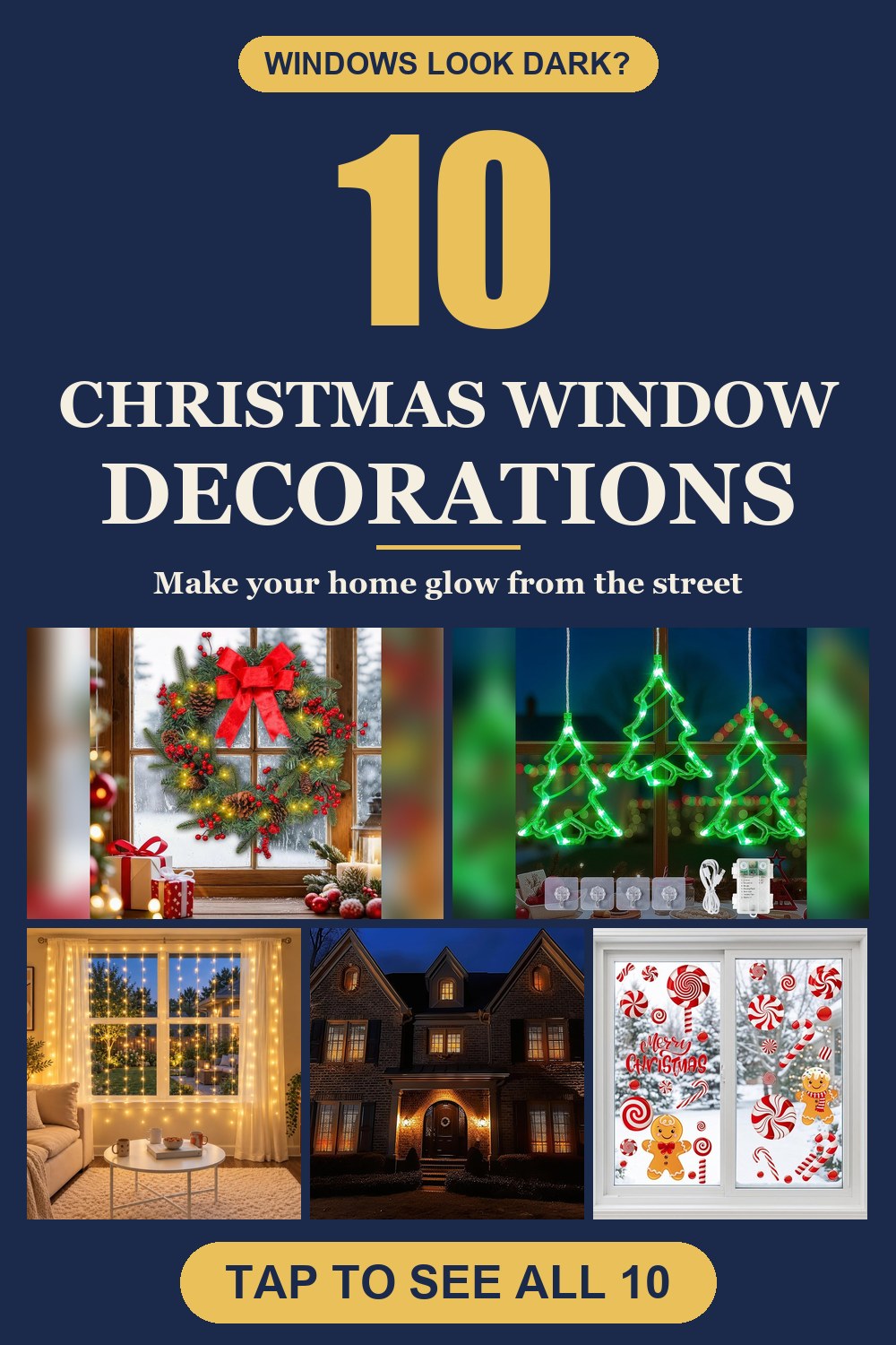 10 Christmas window decoration ideas pin with 5 photos of products from the post