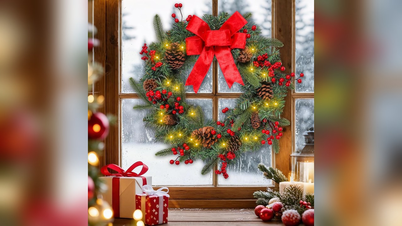 Pre-lit Christmas wreath with a red bow hanging in a front window
