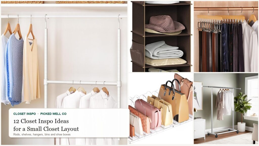 Collage of closet inspo ideas for a small closet layout: hanging organizer, double rod, purse dividers, shoe boxes and rolling rack