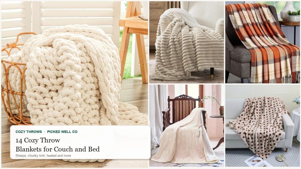 Collage of cozy throw blankets: a chunky knit throw in a basket, a ribbed sherpa throw, a plaid fringed throw, a heated throw and a polka dot faux fur throw