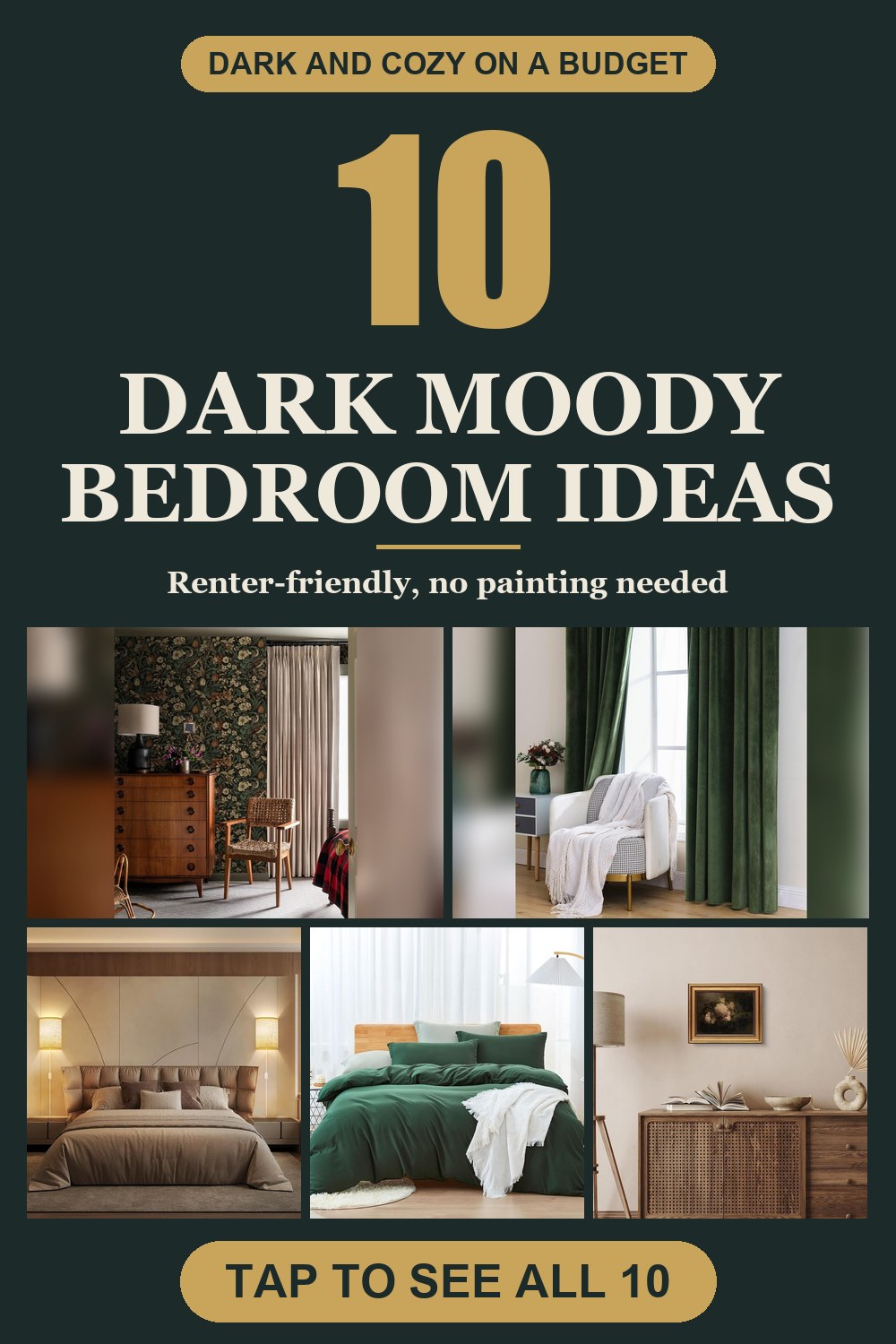 10 dark moody bedroom ideas for renters pin with 5 photos of products from the post