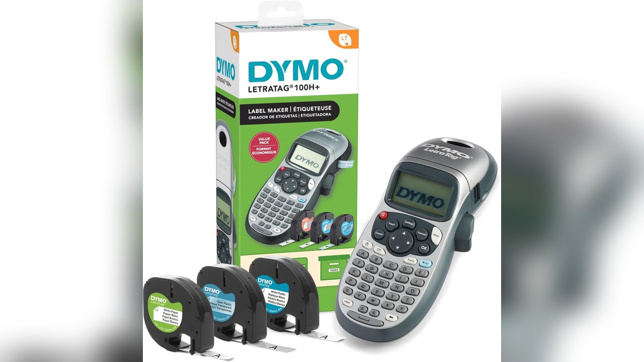 DYMO LetraTag 100H handheld label maker box with three label tapes