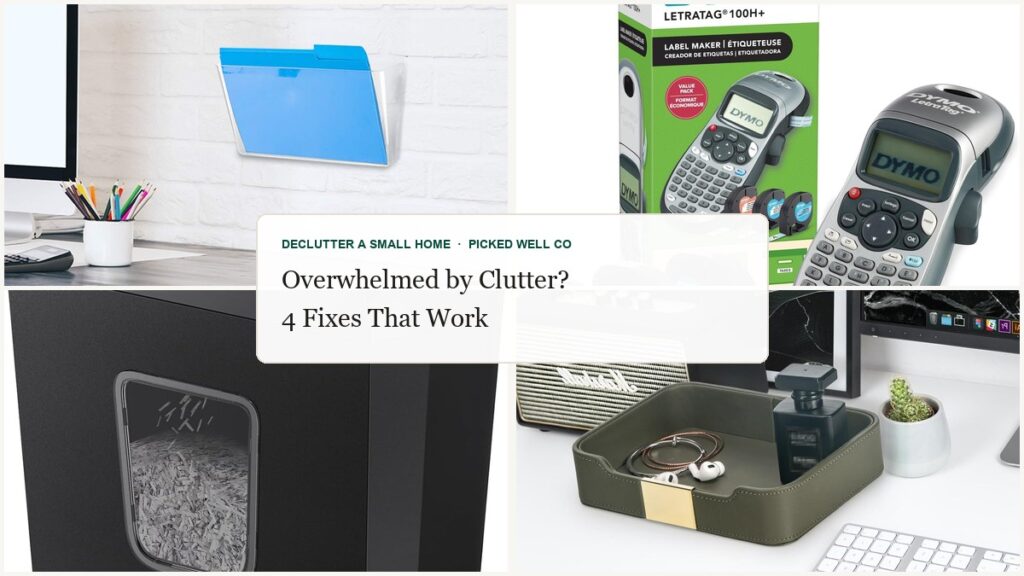 Collage of declutter helpers: a wall file, label maker, paper shredder and leather valet tray