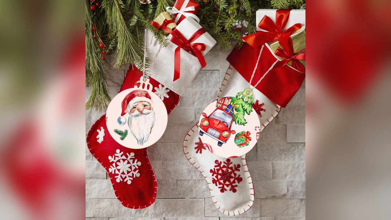 Painted wood slice gift tags tied with twine